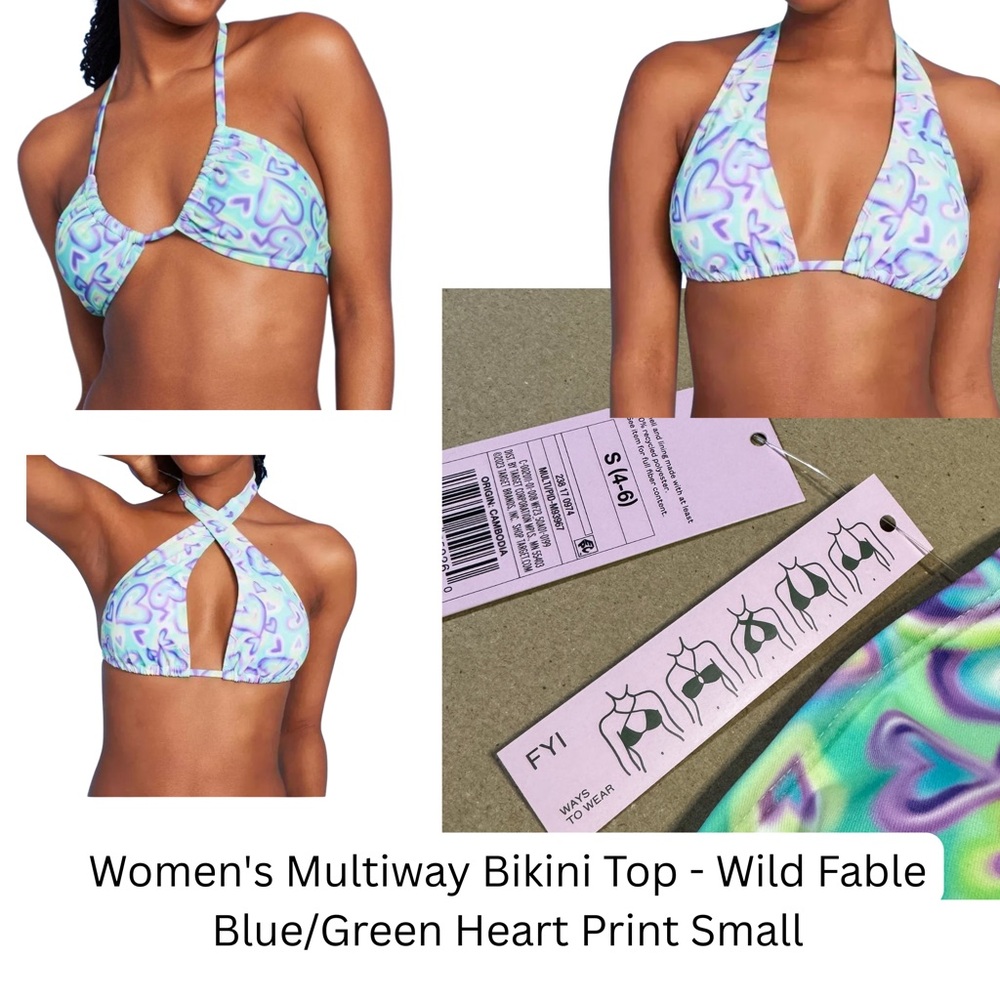 Women's Multiway Bikini Top - Wild Fable Blue/Green Heart Print Small 02937